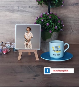 Öğretmene Hediye Fotoğraflı Dekoratif Taş, Ahşap Altlıklı Türk Kahvesi Fincanı Hediye (Model 5)