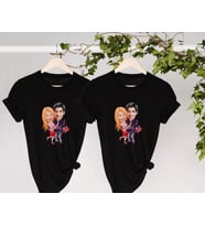 BK Gift Kişiye Özel Sevgililer Karikatürlü İkili Siyah T-shirt Seti, Sevgililer Hediye, Çift Hediyesi, Yıl Dönümü Hediyesi, Kişiye Özel Tişört (Model 7)