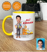 Kişiye Özel Karikatürlü İnşaat Mühendisi Hediye Kupa Bardak Erkek İnşaat Mühendisine Mühendisler Günü Hediyesi (Sarı)