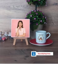 Baykuş Fotoğraflı Dekoratif Taş, Ahşap Altlıklı Türk Kahvesi Fincanı Hediye (Model 3)