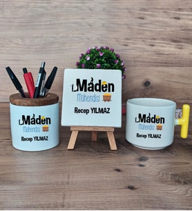 Maden Mühendisi Hediye Sepeti Kupa Bardak T Kulplu, Kalemlik ve Dekoratif Taş Mühendisler Günü Hediyesi (Model 5)