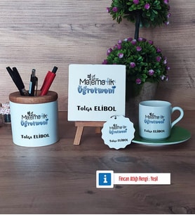 Matematik Öğretmeni Hediye Seti Dekoratif Taş, Kalemlik, Ahşap Altlıklı Türk Kahvesi Fincanı, Ahşap Anahtarlık Hediye Matematik Öğretmenine Hediye (Model 9)