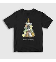 Presmono Unisex Çocuk Beyaz Merry Catmas Kediler Yılbaşı T-Shirt 270101tt (Siyah)