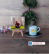 Öğretmenler Günü Hediyesi Fotoğraflı Dekoratif Taş, Ahşap Altlıklı Türk Kahvesi Fincanı Hediye (Model 7)