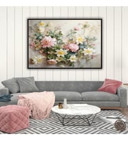 Metal Çerçeveli Yatay Cam Tablo Soft Pembe ve Sarı Beyaz Çiçek (Siyah)