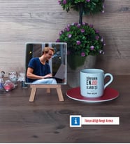 Erkek Kardeş Fotoğraflı Dekoratif Taş, Ahşap Altlıklı Türk Kahvesi Fincanı Hediye (Model 3)