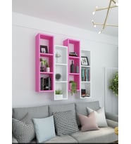 Kitaplık Modern Duvar Rafı Kırmızı Siyah 4 Lü Takım (Beyaz-Pembe)