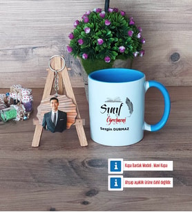 Sınıf Öğretmeni Kupa Bardak Beyaz ve Fotoğraflı Ahşap Anahtarlık Hediye (Model 4)
