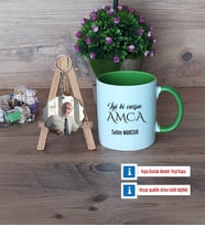 Amcaya Hediye Kupa Bardak Beyaz ve Fotoğraflı Ahşap Anahtarlık Hediye (Model 14)