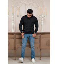 Woolen World Polo Yaka Desenli Yünlü Erkek Triko Kazak (Lacivert)