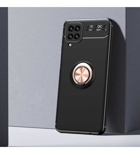 Samsung Galaxy A12 Kılıf Mıknatıslı Yüzüklü Standlı Yumuşak Silikon Kapak Ravel (Siyah-Rose Gold)