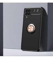 Samsung Galaxy A12 Kılıf Mıknatıslı Yüzüklü Standlı Yumuşak Silikon Kapak Ravel (Siyah-Rose Gold)