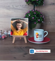 Mühendisler Günü Hediyesi Fotoğraflı Dekoratif Taş, Ahşap Altlıklı Türk Kahvesi Fincanı Hediye (Model 3)
