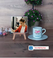 Öğretmenler Günü Hediyesi Fotoğraflı Dekoratif Taş, Ahşap Altlıklı Türk Kahvesi Fincanı Hediye (Model 2)