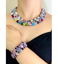 Kristal Taşlı Türk El Yapımı Gerdanlık Model Kolye ve Bilezik Set (Çok Renkli)