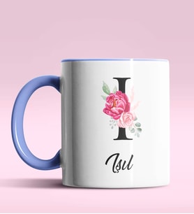Kişiye Özel I Harfi Temalı Gül Tasarım Siyah Renk Kupa (Mavi)