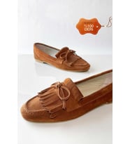 Kadın Hakiki Deri Püsküllü Süet Loafer (Taba)