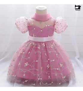 Brodeli Nakış İşlemeli Kız Çocuk Abiye - Bel Kurdalyeli Kız Çocuk Mezuniyet Elbisesi Çocuk Elbise (Pembe)