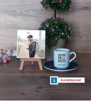 Dayıya Hediye Fotoğraflı Dekoratif Taş, Ahşap Altlıklı Türk Kahvesi Fincanı Hediye (Model 4)