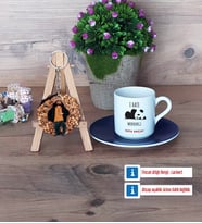 Sevimli Panda Türk Kahvesi Fincanı Ahşap Altlıklı ve Fotoğraflı Ahşap Anahtarlık Hediye (Model 4)