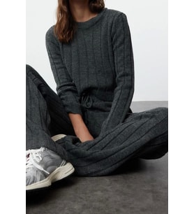Tarz Kadın Modern Moda Normal Bel Boru Paça Bisiklet Yaka Crop Kazak-Pantolon Triko Alt-Üst Takım (Antrasit)
