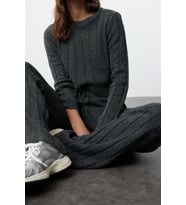 Tarz Kadın Modern Moda Normal Bel Boru Paça Bisiklet Yaka Crop Kazak-Pantolon Triko Alt-Üst Takım (Antrasit)