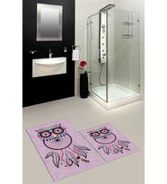 EVDEYA Dijital Baskılı Yıkanabilir Baykuş Desenli İkili Banyo Halısı Paspas Klozet Takımı, KLOZET-35-GRİ, (Pembe)