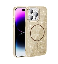iPhone 14 Pro Max Kılıf Magsafe Şarj Özellikli Parlayan Simli Okso Kılıf (Gold)