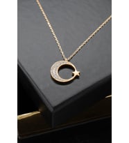Ay Yıldız Temalı Zirkon Taşlı 925 Ayar Gümüş Kadın Kolye (Rose)