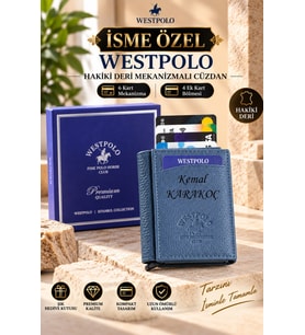 Westpolo Hakiki Deri İsme Özel Erkek Mekanizmalı Cüzdan (Mavi)