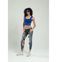 Sifu Tekstil Kadın Kare Yaka Askılı Yanları Çizgili Spor Triko Crop Top Badi SFYZ1006 (Saks)