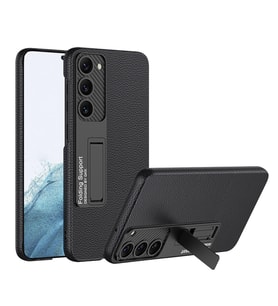 Samsung Galaxy S23 Plus Uyumlu Kılıf Karbon Fiber ve Suni Deri Görünümlü Standlı Kapak Siyah Karbon (Siyah)