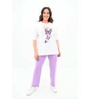 Kadın Büyük Beden Kelebek Baskı Detaylı T-shirt Takım 8114-25 (Lila)