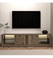 Aydos LED Işıklı Modern TV Sehpası – Cam Raflı, 2 Kapaklı, 180 cm, Antik Ceviz