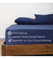 Lastikli Çarşaf Takımı Pamuklu Dokuma Kumaş Fitted Yastık Kılıflı (Lacivert)