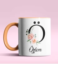 Kişiye Özel Ö Harfi Temalı Gül Tasarım Siyah Renk Kupa (Turuncu)