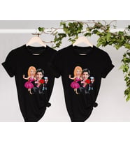 BK Gift Kişiye Özel Sevgililer Karikatürlü İkili Siyah T-shirt Seti, Sevgililer Hediye, Çift Hediyesi, Yıl Dönümü Hediyesi, Kişiye Özel Tişört (Model 14)