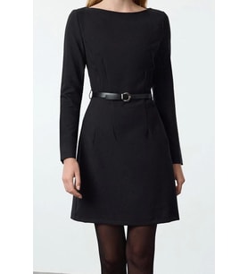 Moda Stil Fitted Kayık Yaka Mini Boy Kemerli Vücuda Oturan Dokuma Elbise (Siyah)