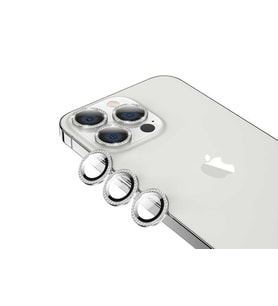 Apple iPhone 13 Pro CL-06 Renkli Taşlı Kamera Lens Koruyucu (Gümüş)