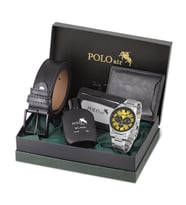Polo Air Erkek Set Kombin Kemer Cüzdan Karlık Parfüm Kol Saati Hediyelik Kutusunda Set PL-0975E (Gümüş-Sarı)