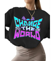 kadın Dünyayı değiştir Baskılı Sweatshirt kalın unisex 3 iplik şardonlu Sweatshirt bisiklet yaka (Siyah)