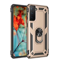 Samsung Galaxy S21 Plus Uyumlu Kılıf Standlı Manyetik Yüzüklü Military Magnetic Ring Polycarbonate and TPU Case (Gold)