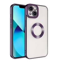 Apple iPhone 14 Plus Kılıf Case, Logo Showing Serisi, Şeffaf, Kamera Korumalı, Logo Gösteren Renkli Çizgi Tasarım (Mor)