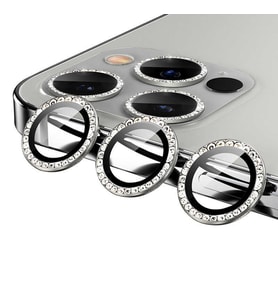 Apple iPhone 12 Pro Max CL-06 Renkli Taşlı Kamera Lens Koruyucu (Gümüş)