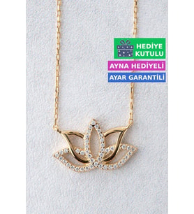 Jewelmim Gümüş Lotus Çiçeği Kolye Sarı Altın Kaplama Taşlı Bayan 925 Ayar Kadın Gümüş Lotus Çiçeği Kolyesi (Sarı)
