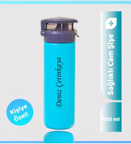 550ML Kilitli Kapak Renkli Cam Şişe Matara, Suluk & 14 Farklı Renk Seçeneği (Açık Mavi)