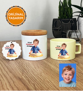 Kişiye Özel Karikatürlü Erkek Çocuğa Hediye Hediye Seti Pastel Fincan, Kalemlik, Anahtarlık Erkek Çocuk Hediyeleri (Sarı)