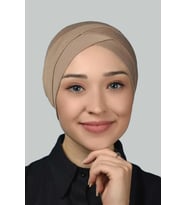 Dört Bantlı Çapraz Dış Tesettür Bonesi Hazır Türban Penye (Koyu Bej)