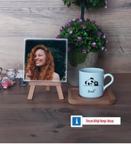 Sevimli Panda Fotoğraflı Dekoratif Taş, Ahşap Altlıklı Türk Kahvesi Fincanı Hediye (Model 1)