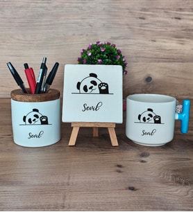 Sevimli Panda Hediye Sepeti Kupa Bardak T Kulplu, Kalemlik ve Dekoratif Taş Arkadaşa Doğum Günü Hediyesi (Model 3)